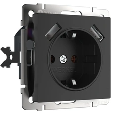 Изображение Розетка с заземлением, шторками и USBх2 (черный матовый) W1171508